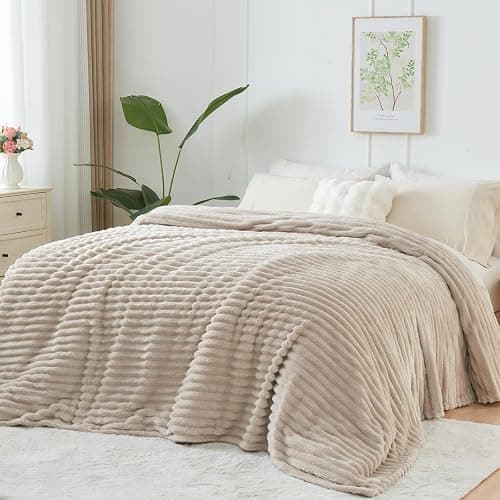 NEWCOSPLAY Super Soft Twin Blanket Linen Premium Silky Flannel Fleece 3D Ribbed Jacquard Lightweight Bed Blanket All Season Use (Linen Ribbed, Twin(60"x80")) thumbnail 9