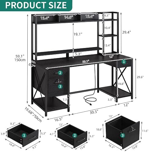 DWVO Computer Desk with Drawers & Hutch, 59.1" Office Desk with Power Outlets & LED Lights, Home Office Desk with Storage Shelves, Black thumbnail 2