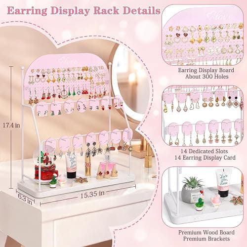 Keebofly Acrylic Earring Organizer Stand with 14 Hooks - Pink | Cute Earring Holder for Girls & Teens, Jewelry Display with 300 Holes & 14 Hooks, Vanity Desk Decor thumbnail 2
