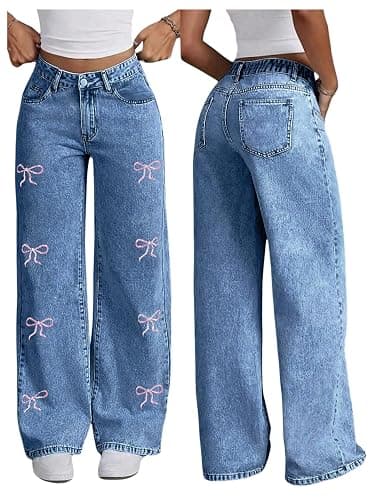 SweatyRocks Women's Casual Straight Leg Jeans Bow Embroidery High Waist Denim Pants with Pockets - Image 1