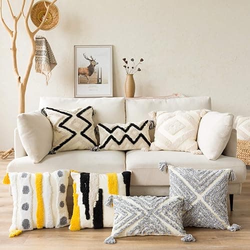 Woven Tufted Boho Throw Pillow Cover, Modern Decorative Geometric Chevron Striped Cushion with Tassels, Farmhouse Tribal Pillowcases for Couch Sofa Bedroom Living Room, 18 x 18 Inches, Black, Ivory thumbnail 7