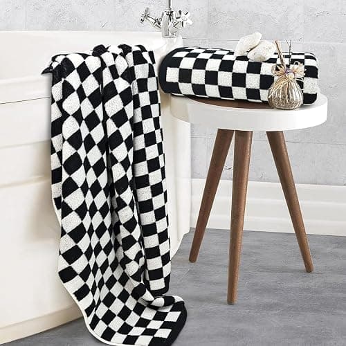 Jacquotha Black & White Checkered Cotton Bath Towels Set of 2 - Cute Aesthetic Bathroom Towels for Bathroom Decor 27.5" x 55" thumbnail 2
