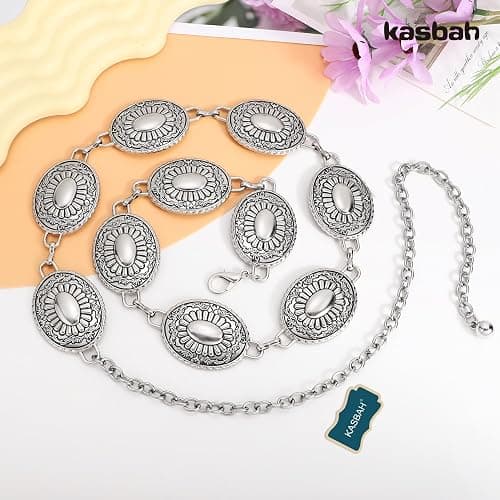 KASBAH Women Western Concho Belts For Dresses Jeans Cowgirl Waist Chain Belt Adjustable Metal Concho Country Belt - Antique Sliver - Fit waist size 25"-32"(43"length) thumbnail 6