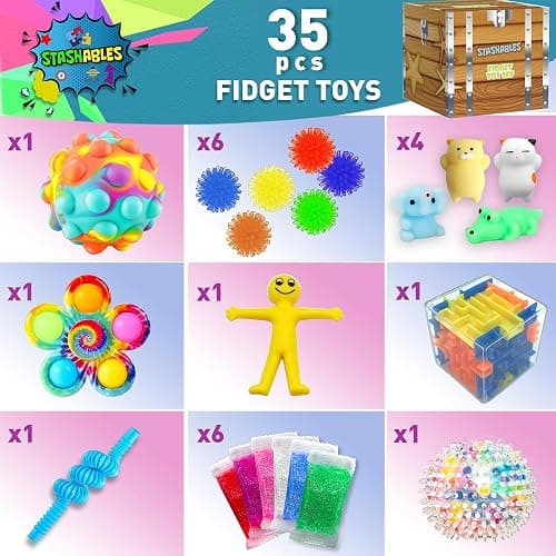 Sensory Fidget Toys Pack - Stress Relief and Anti Anxiety Toys for Kids - Cool Fidget Packs with Stress balls, Fidget Cube, & More for Party Favours, Prizes, Travel, & Pinata Stuffers thumbnail 2