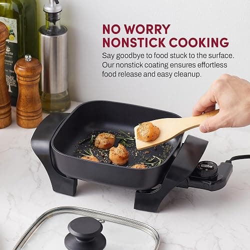 Elite Gourmet EG808 8” x 8" Non-stick Electric Skillet, Dishwasher Safe with Tempered Glass Vented Lid, Rapid Heat Up, 600W, Black thumbnail 3