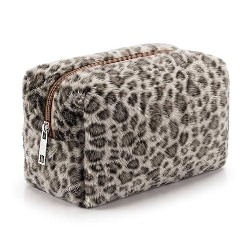 Huhumy Brown Leopard Makeup Bag for Women, Fuzzy Cheetah Print Cosmetic Organizer, Stylish Faux Fur Bag Y2k, Fluffy, Travel Toiletry Pouch, Zipper Purse, Pencil Organizer Pouches - Image 1