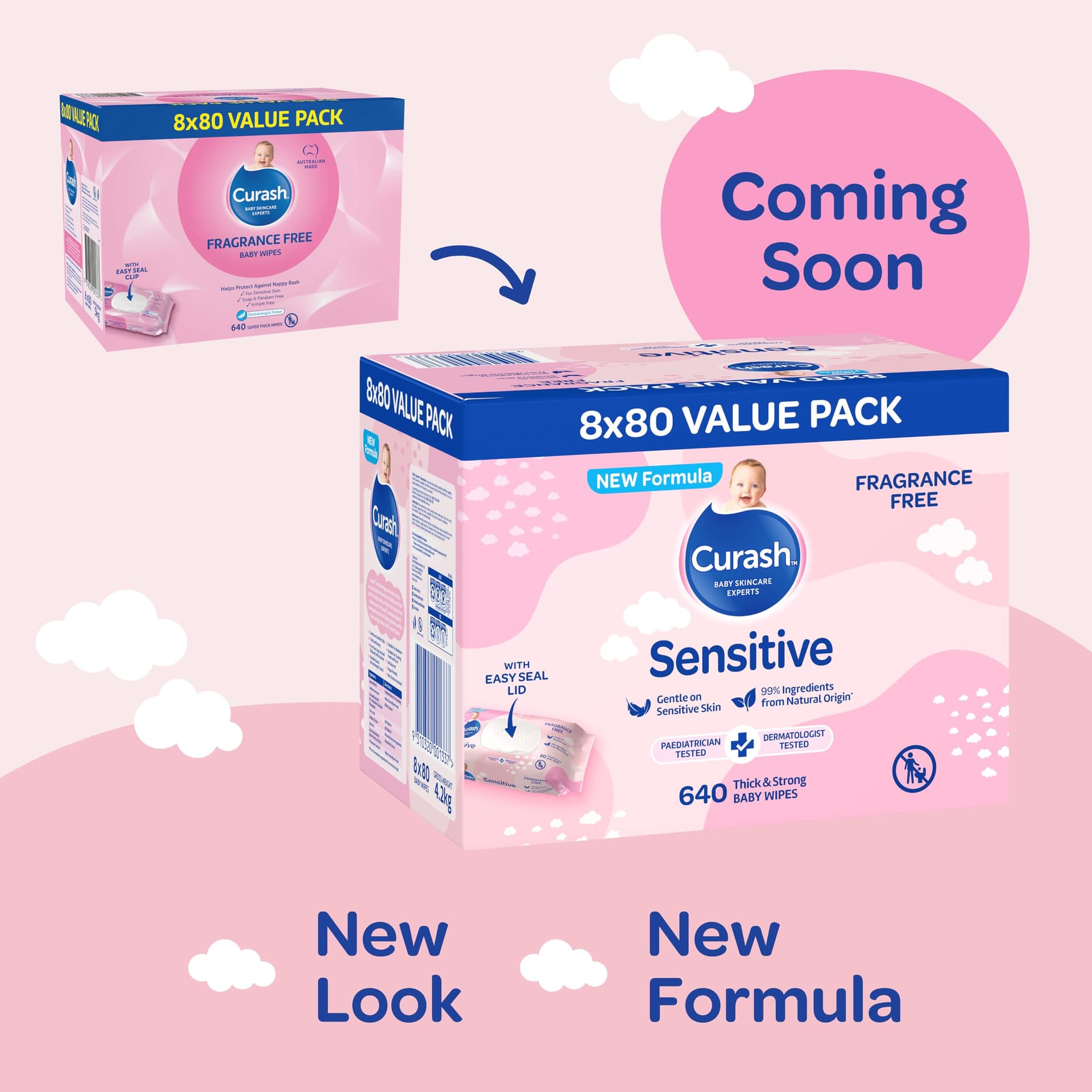 New Formula Curash Fragrance Free Baby Wipes, 8x80 Pack, For Sensitive Skin, Suitable for Newborns, Thick & Soft Texture, No Soap, Alcohol Or Parabens, Everyday Cleansing And Nappy Changes, 640 Wipes (packaging may vary) thumbnail 4