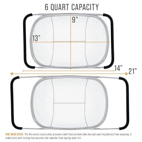 U.S. Kitchen Supply Stainless Steel Colander Strainer - 6-Quart Collapsible Colander with Expandable Rubber Handles - Rectangular Sieve, Fine Mesh Stainless Steel Strainers and Colanders for Kitchen thumbnail 3