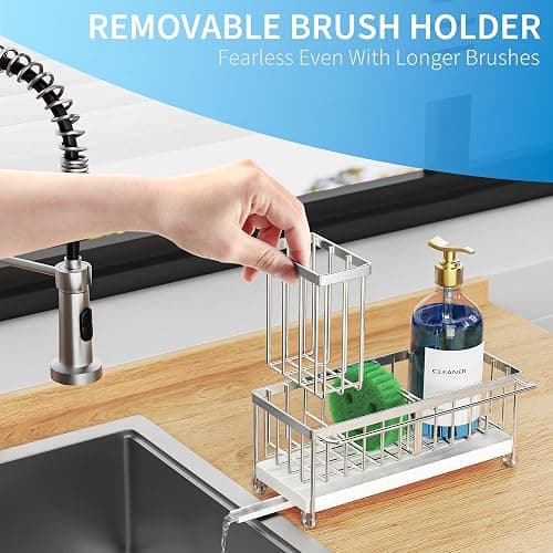 Cisily Stainless Steel Sponge Holder for Kitchen Sink with Towel Rack, Sink Caddy with Kitchen High Brush Holder, Organzier Rustproof 304 Stainless Steel Dish Organizer Divider, Soap Dispenser Storage thumbnail 4