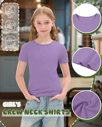 Oakgarden 4 Pack Girls T Shirts 5-14 Years Short Sleeve Ribbed Tops Crew Neck Slim Fit Summer Casual Cute Basic Tees for Kids thumbnail 6