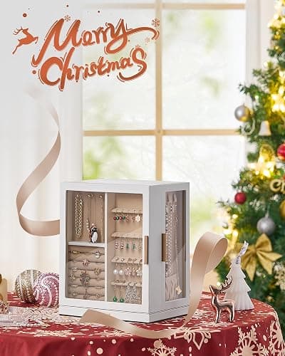 Glimmloop 360° Rotating Jewelry Box with 5 Drawers, Spacious Vertical Jewelry Organizer with Glass Window, Jewelry Storage Case, Dustproof & Moisture-resistant Design, White thumbnail 2
