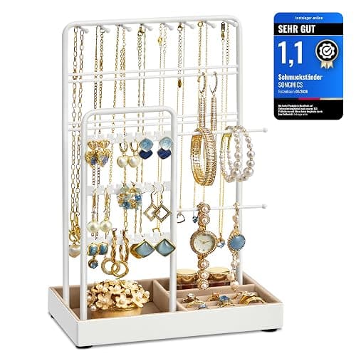 SONGMICS Jewellery Stand, Jewellery Organiser, Jewellery Display Stand with Metal Frame and Velvet Tray, Earring Bracelet Holder, Necklace Stand, for Studs, Rings, Gift Idea, White JJS021W01 - Image 1