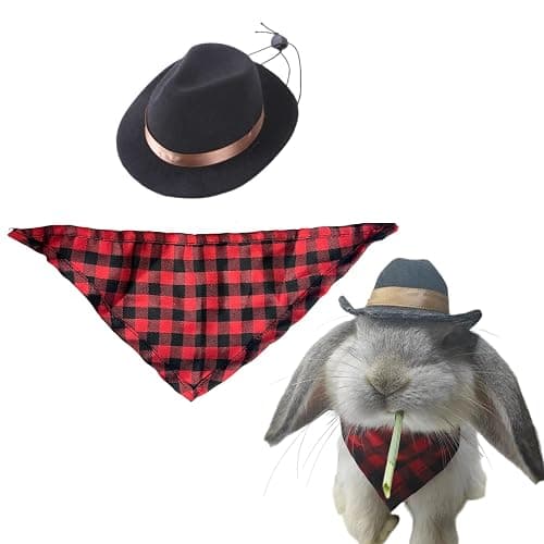 Cute Rabbit Cowboys Hat and Scarf Set, Funny Rabbits Pet Cowboy's Hat Scarf Outfits, Rabbits Dog Cat Pets Halloween Costume Hats Clothes Bunny Stuff Gifts Bunny Accessories (Black-Red Suit) - Image 1