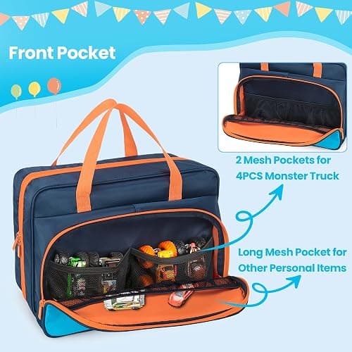 CURMIO Monster Trucks Carrying Case Compatible with Monster Jam, Monster Truck Bag Holding 34 1:64 Scale Toy Cars, Navy-Orange thumbnail 4