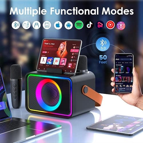 Portable Bluetooth Karaoke Machine with 2 Wireless Microphones Power Amplifiers for Adults & Kids Toys with LED,Karaoke Microphones Power Amplifiers Supports USB/TF/AUX,Gift for Party (Black) thumbnail 5