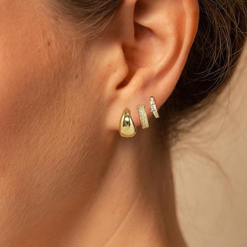 BBV 3 Pairs Gold Earrings for Women Dainty Small Gold Earring Set 14K Gold Hoop Earrings Cute Cz Hoop Flat Back Earrings Trendy Earring Gold Jewelry Set Gift thumbnail 3