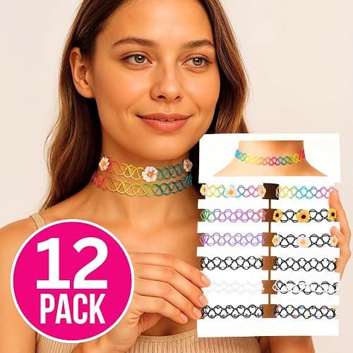 BodyJ4You 12PC Tattoo Choker Necklace for Women - 90s Choker Necklaces Y2K Fashion Trendy Vintage - Emo Black Choker Rainbow Pink White Purple Neon Green Blue Daisy Flower thumbnail 2