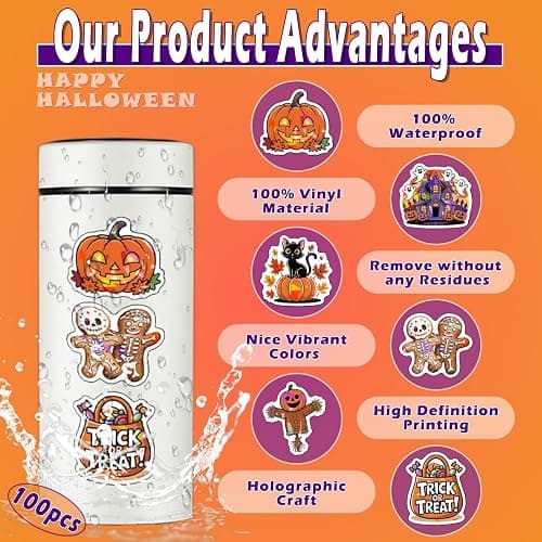 Lovyi 100pcs Halloween Holographic Stickers,Vinyl Halloween Party Favors | Cute Cartoon Pumpkin Ghost Bat Witch Spider Halloween Stickers,Removable Holographic Stickers,Halloween Party Favors thumbnail 4