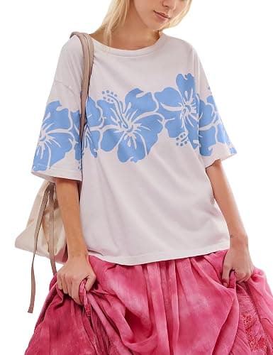 Anoumcy Cotton Oversized Hibiscus Tee Shirt for Women Floral Graphic Hawaiian T Shirts Casual Summer Vacation Loose Tops - Image 1