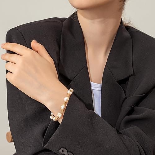 Cowlyn Pearl Bracelet Baroque Cultured Pearl Link, 14K Gold Plated Beaded Link Chain Charm Bracelets for Women Handmade Jewelry thumbnail 3