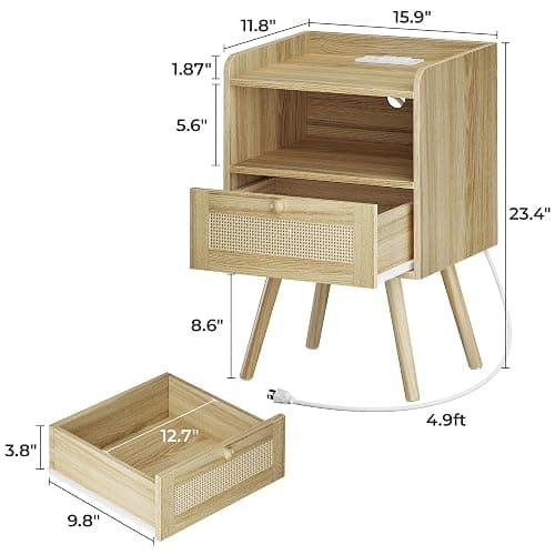 SUPERJARE Nightstands Set of 2, Night Stands with Charging Station & PE Rattan Decor Drawer, Bed Side Tables with Solid Wood Feet, End Table, for Bedroom, Living Room - Natural thumbnail 3