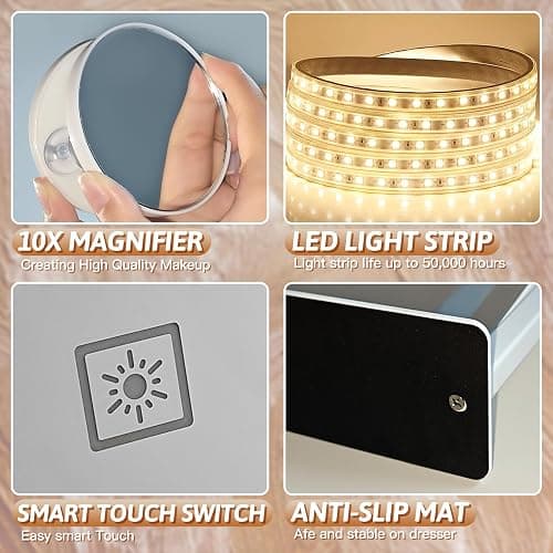FENNIO Vanity Mirror with Lights, 12" x 16" Lighted Makeup Mirror with Smart Touch Control, 3 Color Modes & Brightness Adjustable, LED Makeup Mirror with 10X Magnification, 360° Rotation for Bedroom thumbnail 7