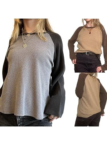 Womens Casual Long Sleeve T-Shirt Vintage Patchwork Crewneck Knitted Pullover Basic Tee Top Grunge Fairycore Streetwear thumbnail 5