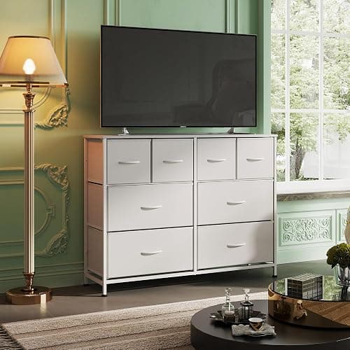 WLIVE Wide Dresser for Bedroom, 8 Drawer Chest of Drawers, White | 8 roomy fabric drawers, Wide storage design, Bedroom or closet use, Sturdy steel frame, Smooth wood tabletop thumbnail 2