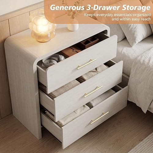 Fatmok Night Stand Set of 2, 31.5'' Wide Wooden Bedside Table with 3-Drawer, Modern Curved Profile Design End Table with Long Metal Handle for Bedroom, White Wood Grain thumbnail 4
