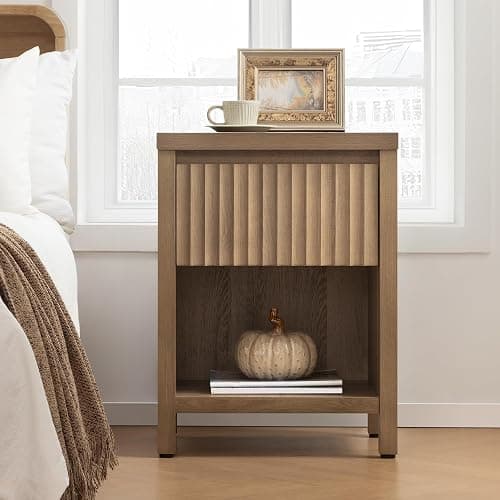 SICOTAS Fluted Night Stand Set of 2, Farmhouse Nightstands with Drawer, Boho Bedside Table with Storage Shelf, Large End Tables Bed Side Tables for Bedroom, Caramel Oak thumbnail 3
