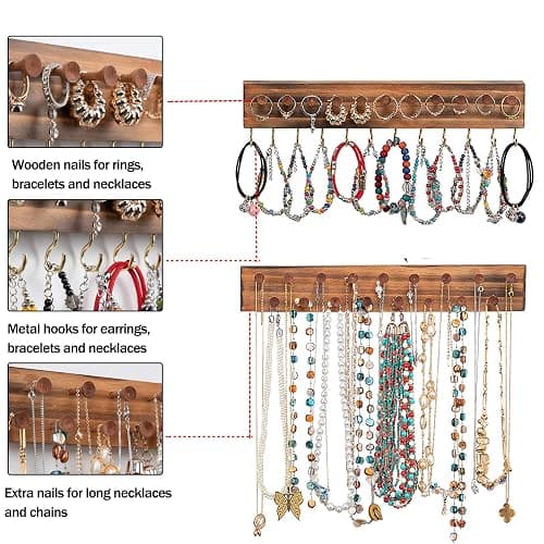 QILICHZ 3Pcs Jewelry Organizers and Storage,Wood Earring Organizer,Hanging Jewelry Organizer,Rustic Wall Jewellery Organizer,Wall Mounted Earring Holder for Storage Display Gift (Brown+Black) thumbnail 6
