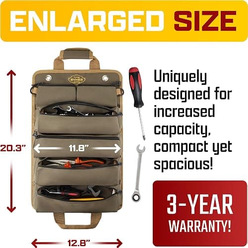 The Ryker Roll Up Tool Bag Organizer Gifts for Dad. Heavy Duty Motorcycle Tool Roll Bag Organizer. Portable Rollup Toolbag w/Detachable Pouches - Tools Bags Mens gifts for him - Mechanic & Electrician thumbnail 3