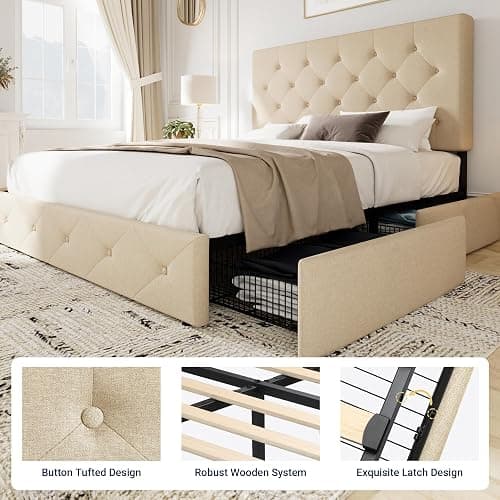 Allewie Upholstered Queen Size Platform Bed Frame with 4 Storage Drawers and Headboard, Diamond Stitched Button Tufted, Mattress Foundation with Wooden Slats Support, No Box Spring Needed, Beige thumbnail 6