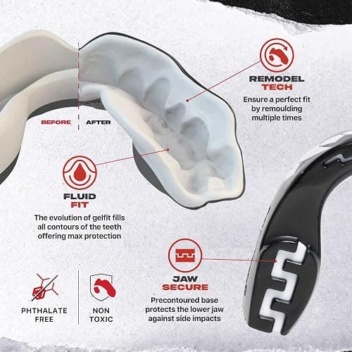 SAFEJAWZ Mouth Guard, Dual Layer Mouthguard for Adults with Case, Easy Fit Remoldable Mouthpiece for Football, Boxing, Lacrosse, MMA, Basketball & All Contact Sports (Adult 12+ Years, Black Fangz) thumbnail 4