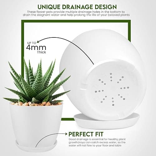 Utopia Home Pack of 5 - Plastic Plant Pots - Planters for Indoor Plants Saucer Tray - Nursery Pots Indoor with Drainage Holes,Succulent Pot (White) thumbnail 4