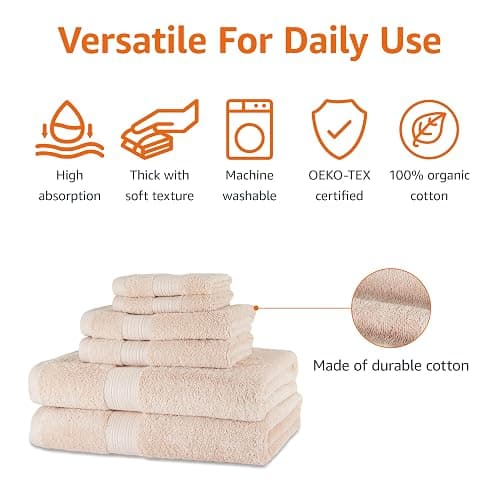 Amazon Basics Fade Resistant Bath, Hand and Washcloth Towel Set, 100% Cotton, Set of 6, 30 x 54 inches, Blush Pink thumbnail 4