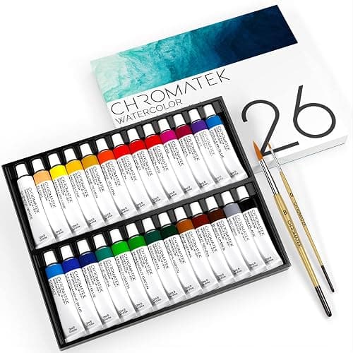 CHROMATEK Watercolor Paint Set - 28 Piece Kit for Adults, Beginners & Professional Artists - 26 x 12ml Liquid Water Color Tubes & 2 Painting Brushes - Richly Pigmented Vibrant Colors - Art Supplies - Image 1
