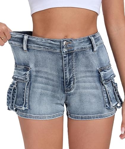 Aotasely Women's Denim Mini Cargo Shorts Casual Mid Waisted High Stretchy Jean Shorts Sexy Booty Shorts with Pockets Y2K - Image 1