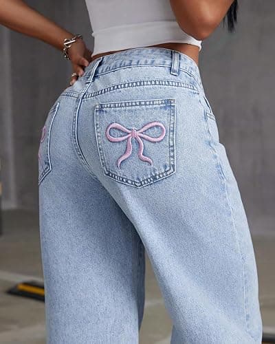Flvsun Women's Y2k Bow Low Rise Baggy Jeans 2025 Fall Embroidery Wide Leg Boyfriend Denim Pants thumbnail 6