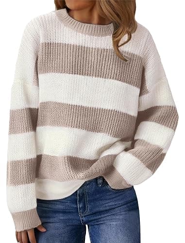 SunnyMelody Womens Cute Color Block Striped Sweater Fall 2025 Pullover Knit Tops - Ribbed Crew Neck, Lightweight, Loose Fit - Image 1