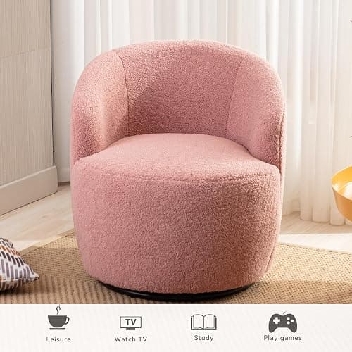 FOXHUNTER Swivel Barrel Chair, 360° Small Single Sofa Armchair Comfy Round Sofa Chair, Boucle Chairs Padded Armchair, Modern Round Accent Arm Chairs for Living Room Bedroom, Teddy Pink - Pink-teddy - One Chair thumbnail 6