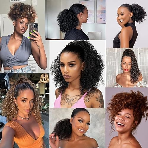 GOTEFERBE Kinky Curly Drawstring Ponytail 1B Off Black Afro Curl Synthetic Fiber Clip In Ponytail for Women Thick Coily Curls Natural Looking Hairpiece 18 Inch thumbnail 6