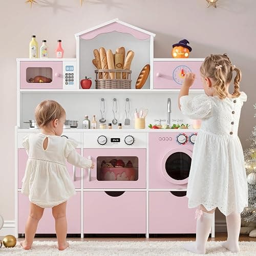 Keyluv Wooden Play Kitchen for Kids and Toddler, Montessori Toy Kitchen Playset with Plenty of Pretend Play Features and Storage Drawers, Gift for Boys and Girls, Pink thumbnail 3