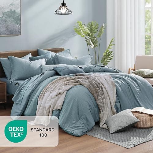 Monbix Full Size Comforter Set-7 Pieces Dusty Blue Cationic Dyeing Bed in a Bag Full Bedding Sets with Comforter, Sheets, Pillowcases & Shams, All Season Reversible Bedding Comforters thumbnail 2
