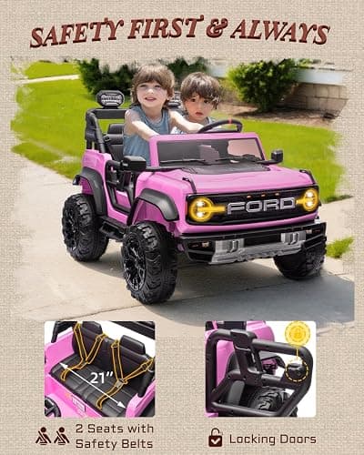 First Ride On 24V Ride on Toys for Big Kids, Licensed Ford Bronco Raptor 2 Seater Ride on Cars with Remote Control, Ride on Truck w/ 4-Wheeler Suspension, 3 Speeds, Led Lights, Bluetooth (24V, Pink) | First Ride On, 24V, for Big Kids, 2 Seater, with Remote Control thumbnail 7