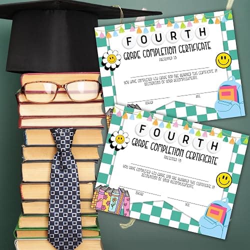 Fourth 4th Grade Certificate of Completion Graduation Diploma 30pk 8.5x11” 90’s Seed Friendship Bracelet Checkered Neutral Award Theme Trendy Minimalist thumbnail 5