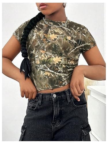 RoseSeek Girl's Camo Crop Tight Shirts Branch Print Short Sleeve Slim Fitted T-Shirt thumbnail 5