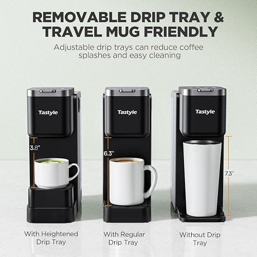 Tastyle 330MF Single Serve Coffee Maker with Built-in Detachable Milk Frother, Iced and Hot Coffee Machine for K Cup & Grounds, 40oz Removable Water Reservoir, 6 Cup Sizes, Fits 7.3" Travel Mug, Black thumbnail 2