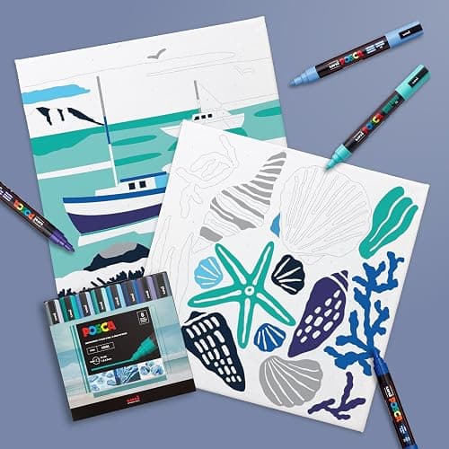 POSCA® Paint-By-Number Canvas Kit with 8 PC-5M Paint Markers (Harbor Hues) | Two 12 x 12 pre-printed canvases, color key & step-by-step instructions, odorless quick-drying paint, beginner-friendly thumbnail 3