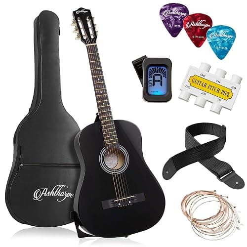 Ashthorpe 38-inch Beginner Acoustic Guitar (Black), Starter Kit with Gig Bag, Extra Strings, Strap, Picks, and Lessons - Image 1